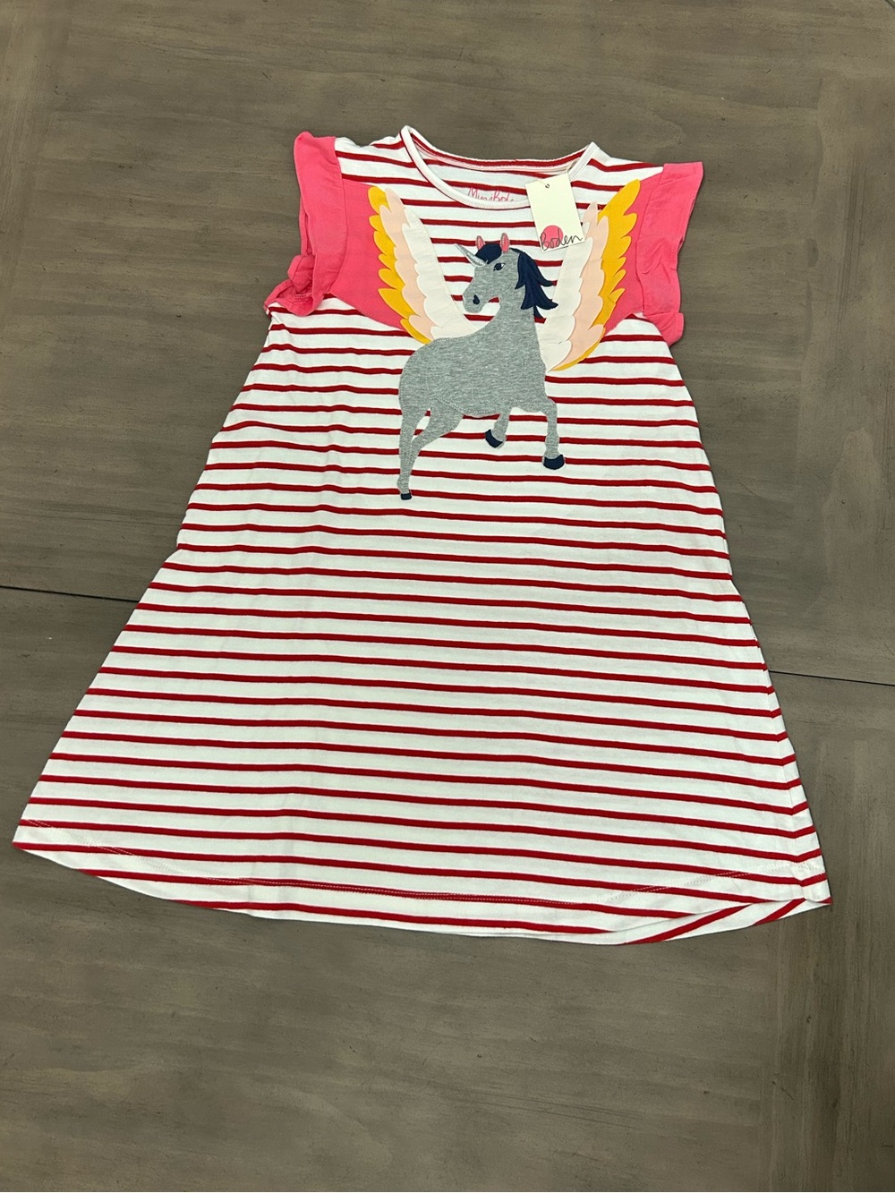 Mini Boden Sleeveless Red & White Stripe Dress with Unicorn